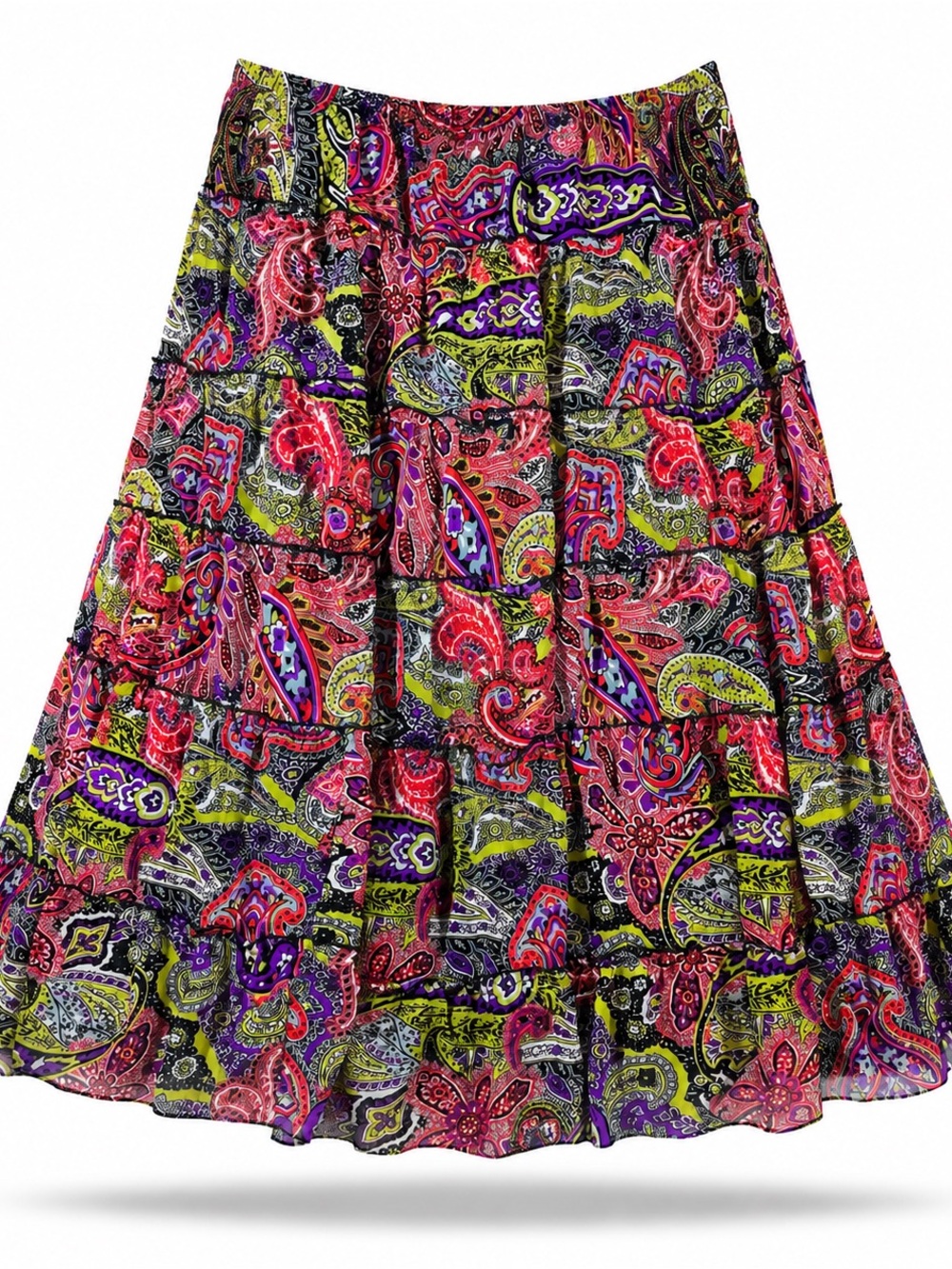 Antthony Vibrant Paisley Tiered A-Line Skirt - Pink, Purple, Green, Black